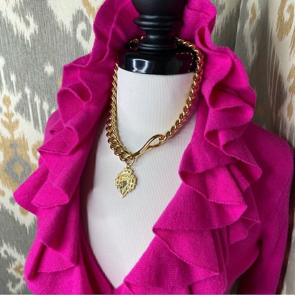Ralph Lauren Blue Label Fuchsia Italian Cashmere Ruffle Front Cardigan Sweater - Picture 7 of 16